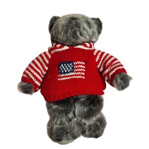 Dillards Plush Gray Teddy Bear Red White Hooded Sweater USA Flag 16" Collectible